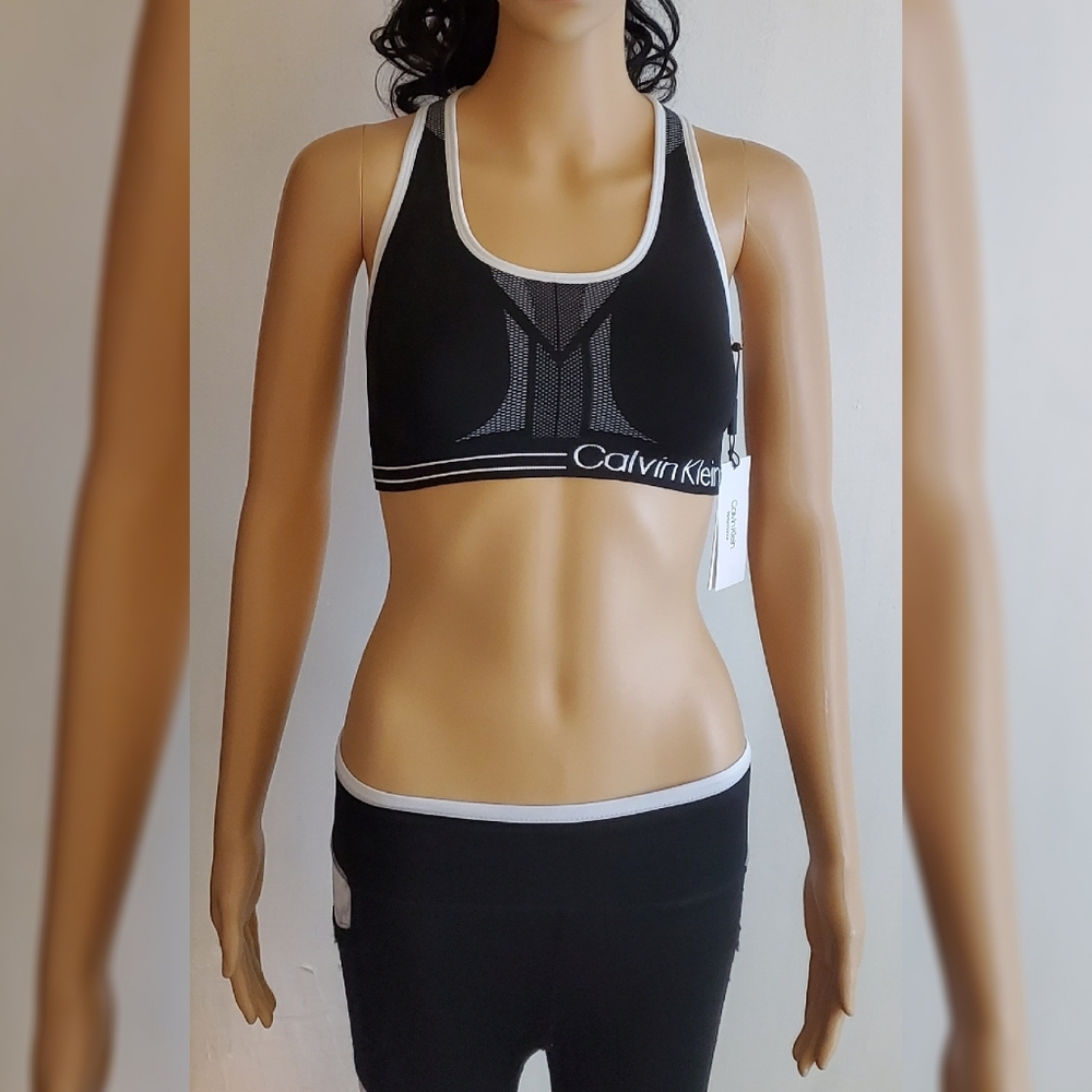 CALVIN KLEIN REVERSIBLE MID-IMPACT RACERBACK SPORT BRA WOMEN' BLACK/WHITE SIZ XS